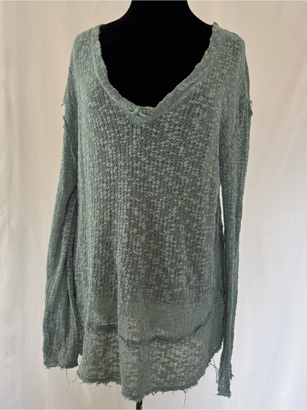 We The Free Distressed Cotton Sweater  Sage Boho Grunge Layering Slouchy Raw Hem